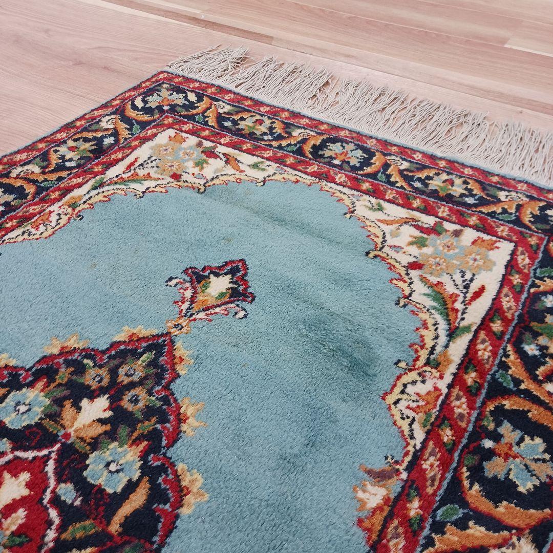 Y3318 インド カシミールウール 手織り絨毯 オールド 129×69㎝