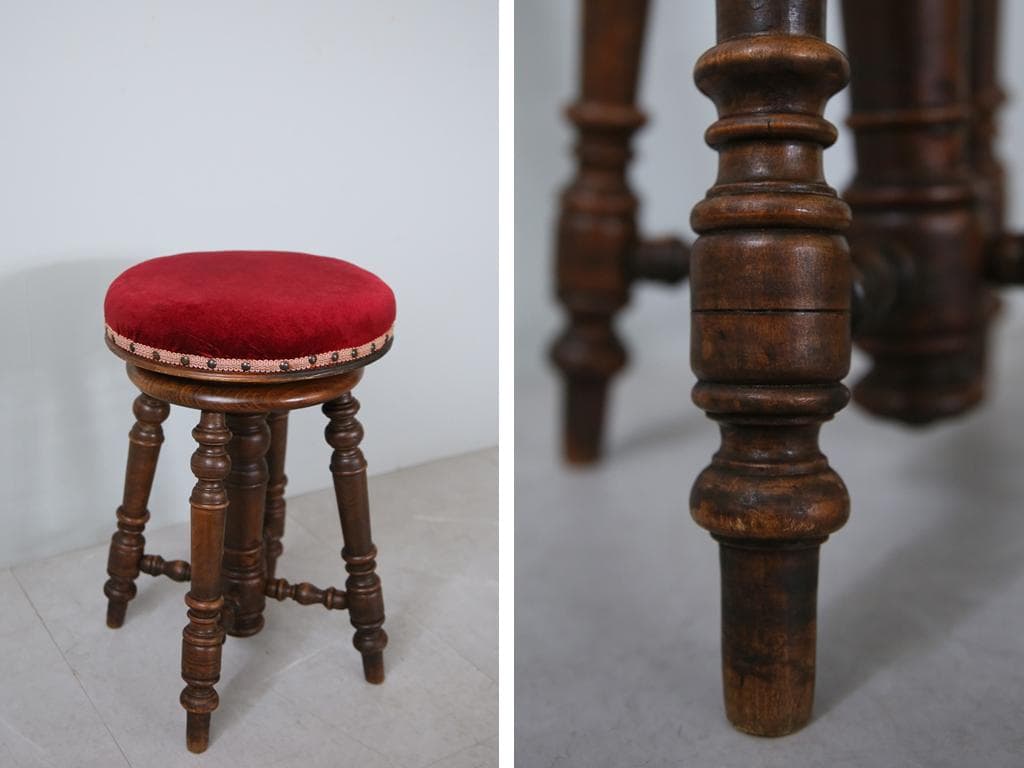 フランスアンティーク古木ピアノスツール/木製チェア/演奏用回転イス(92-150