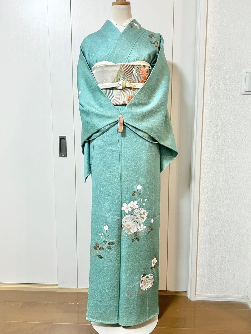 美品　裄丈長め　しつけ糸付き　正絹訪問着　フルセット4点　入学式　お宮参り