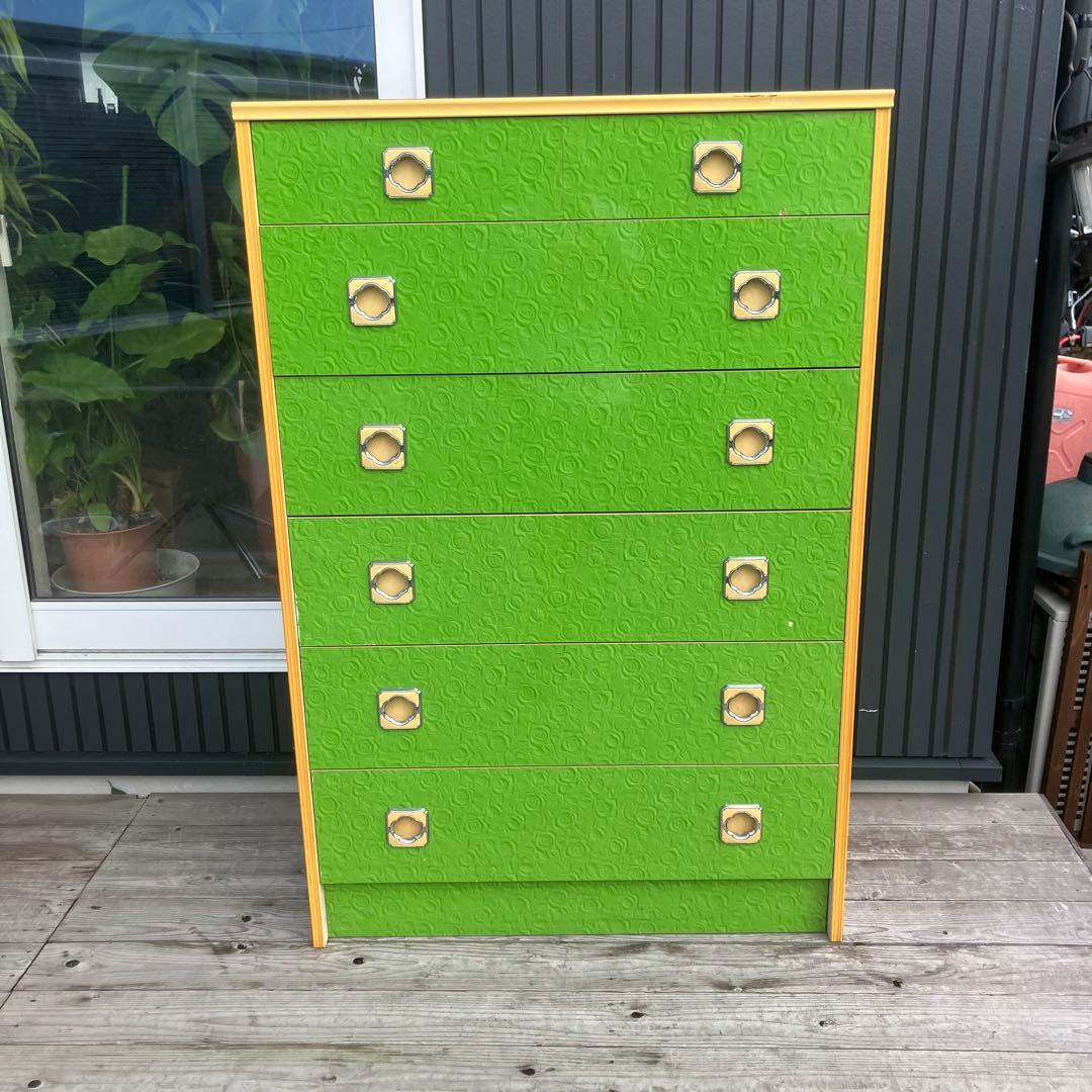 昭和レトロ 薔薇柄 花柄 木製チェスト 6段7杯 タンス 古家具 ビンテージ 緑