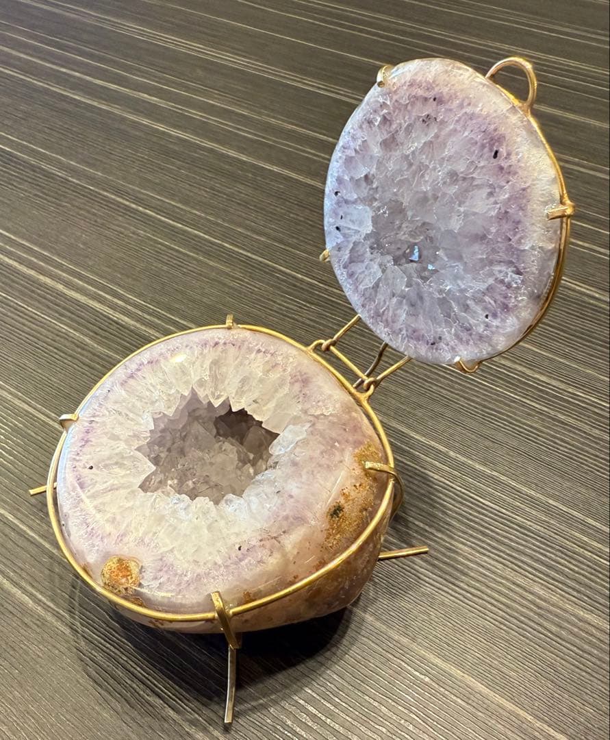 トレジャーメノウ アメジスト 台座付き ペア 蓋付き ジオード 瑪瑙 天然石