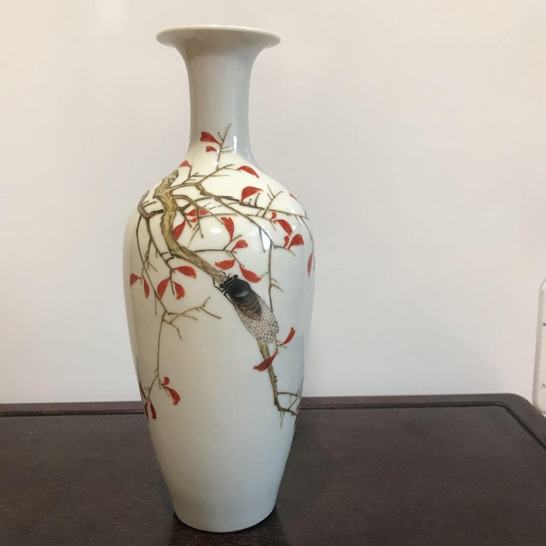 中国古玩 古美術 花瓶　秋枝鳴蝉図　居仁堂製 景徳鎮 骨董品