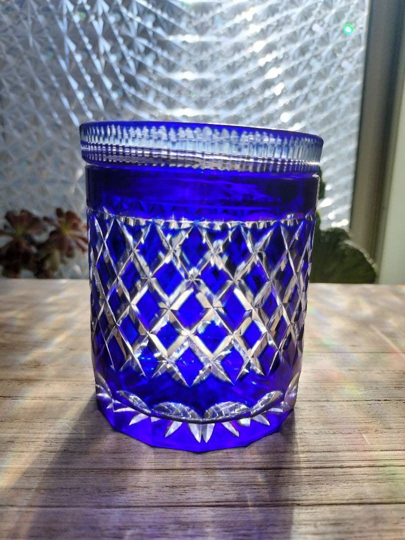 40年前昭和レトロ☆江戸切子　蓋付きコットン綿棒ケース　キャンディー等にも☆