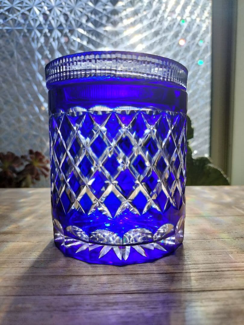 40年前昭和レトロ☆江戸切子　蓋付きコットン綿棒ケース　キャンディー等にも☆