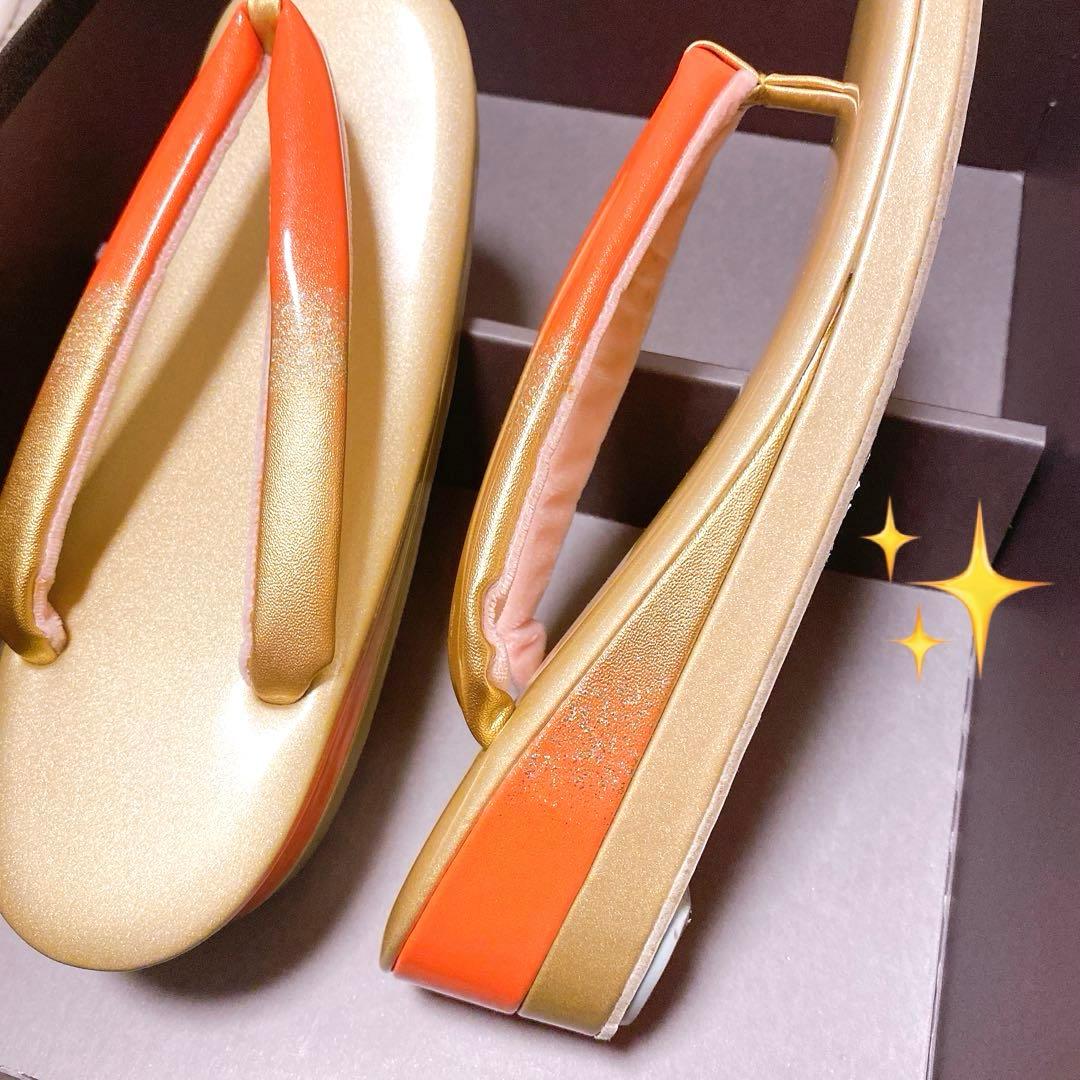 草履　バック　2点まとめてセット　ゴールド　オレンジ　箱付き　艶　光沢　着物