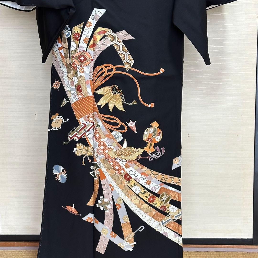 【高島屋誂え】手描き束ね熨斗に宝尽 黒留袖、袋帯、他4点セット★作家物★通紋