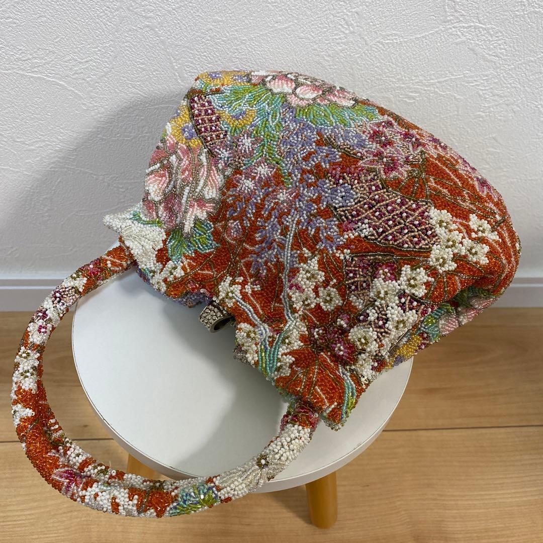 花柄刺繍 和装用バッグ オレンジ系総ビーズ