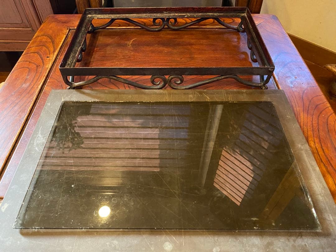 アンティーク装飾アイアン製　ガラス台 ヴィンテージ　レア 鉢受け　観葉植物