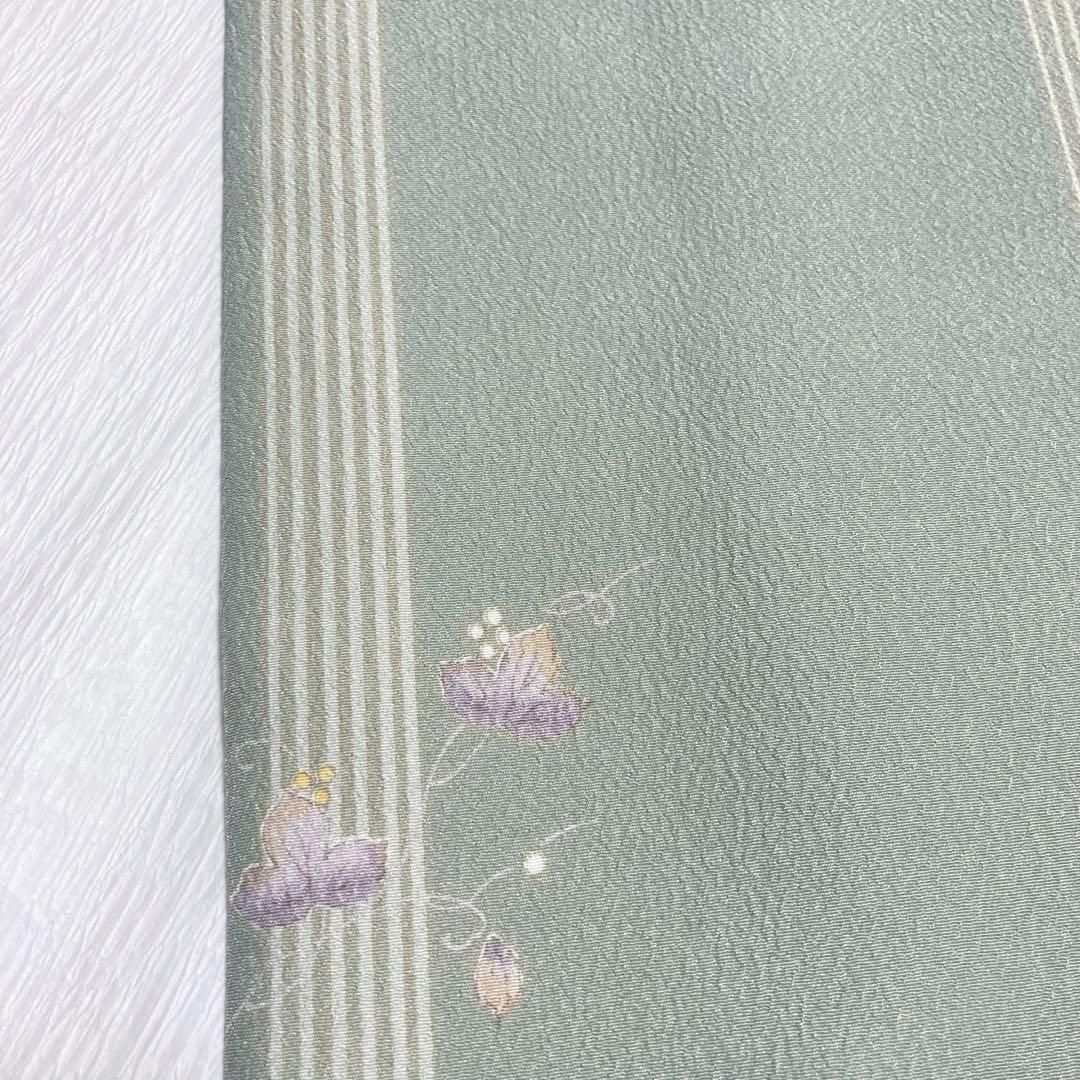 【美品✨】東レシルック　洗える着物　小紋　裏柳色　蔦と実　縦縞　手縫い仕立てP1