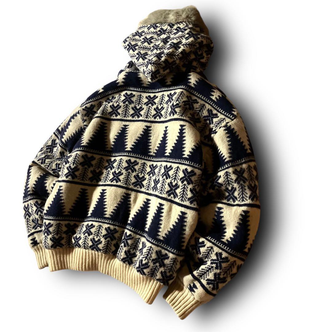 BLAIZE様☆ノルディック柄カウチンニットセーター総柄ファーフーディジップアッ
