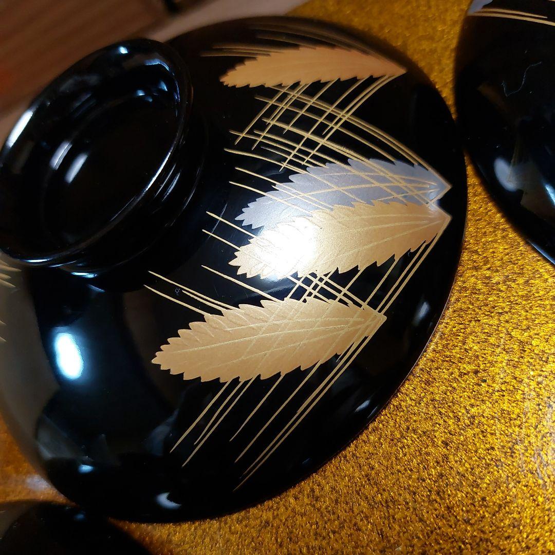 輪島黒塗金銀麦頭蒔絵椀五