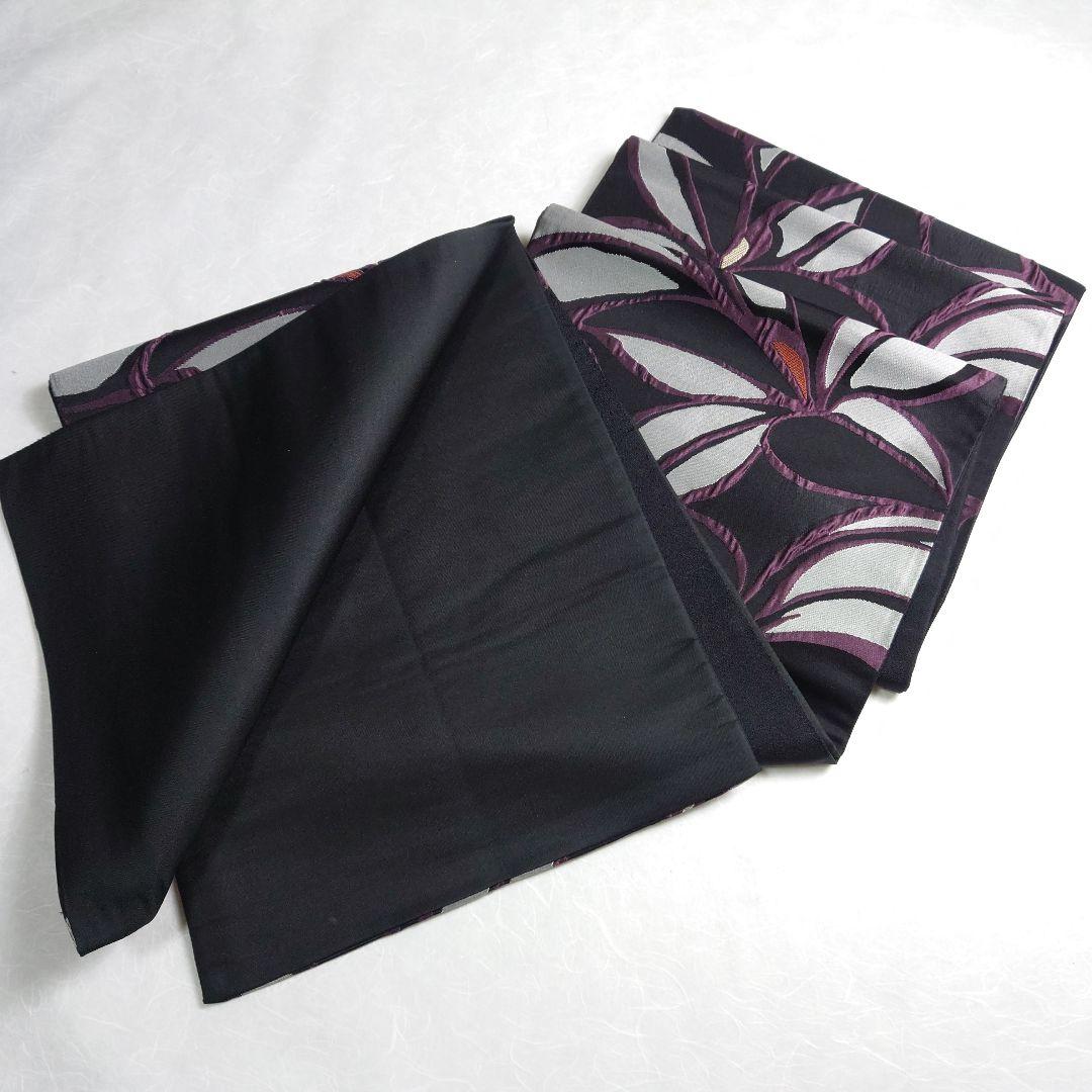 正絹 袋帯 六通柄 幾何花 黒 ふくれ織 モノトーン クールビューティー 逸品