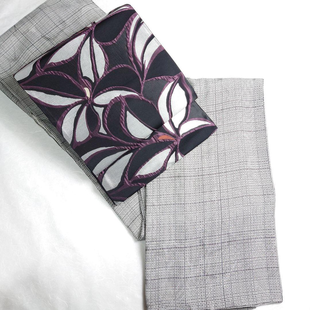 正絹 袋帯 六通柄 幾何花 黒 ふくれ織 モノトーン クールビューティー 逸品