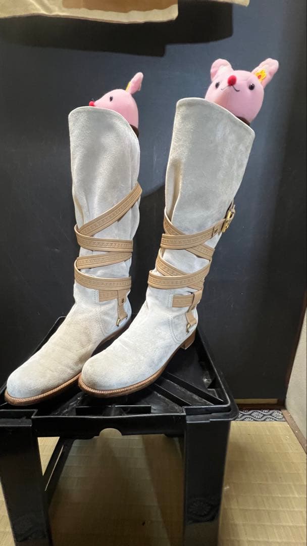 デパート購入ルイヴィトンロングブーツスエードレザーベルトライトグレー&ベージュ