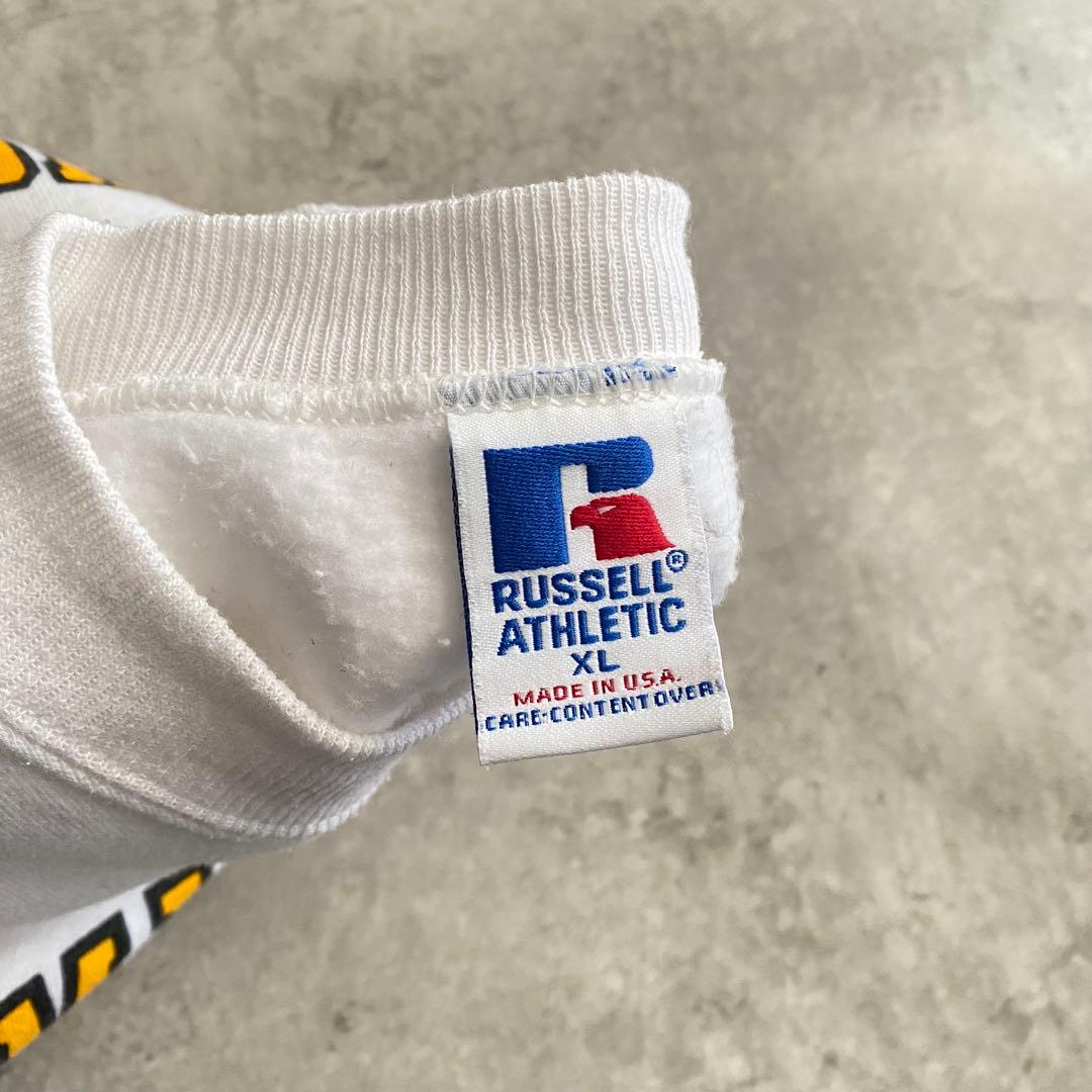 レアカラー好デザイン90sラッセル4段プリントUSA製スウェット白XL