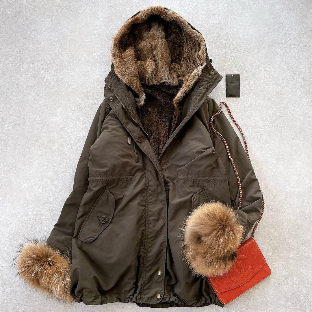 美品 イネド ラビットファー ラクーンファー ボアライナー付 モッズコート