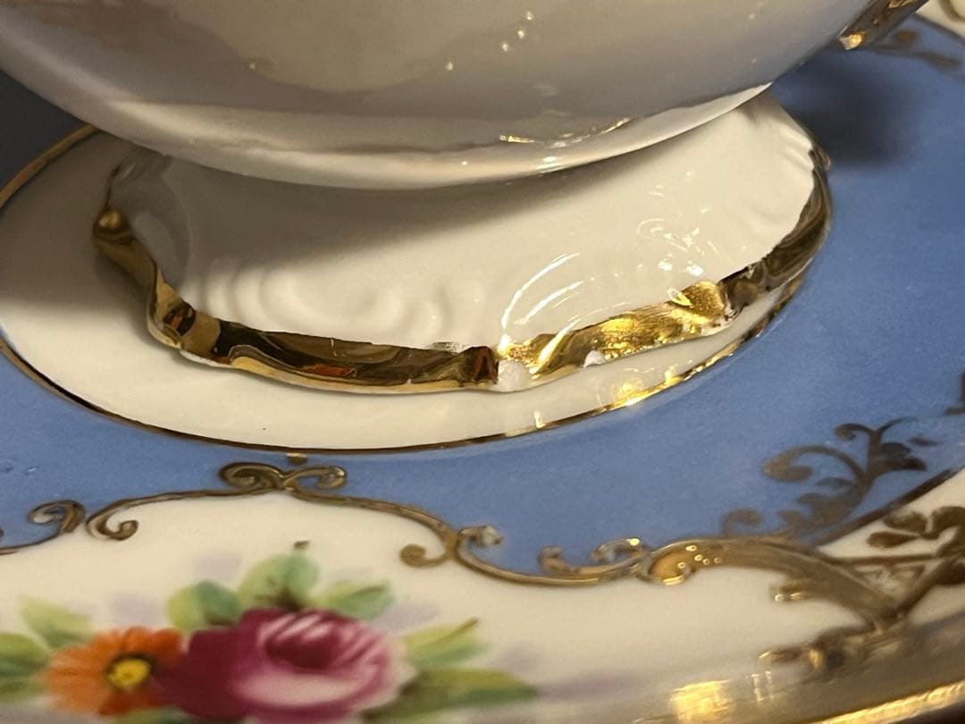 美品　オールドノリタケ　マルキ印　青と薔薇の装飾　金彩　ティーセット