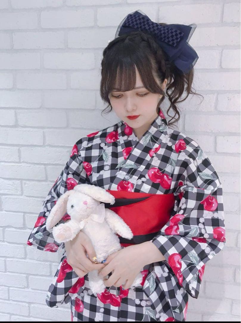 Swankiss 浴衣 チェリー ギンガムチェック 渡辺美優紀コラボ 黒 赤 帯