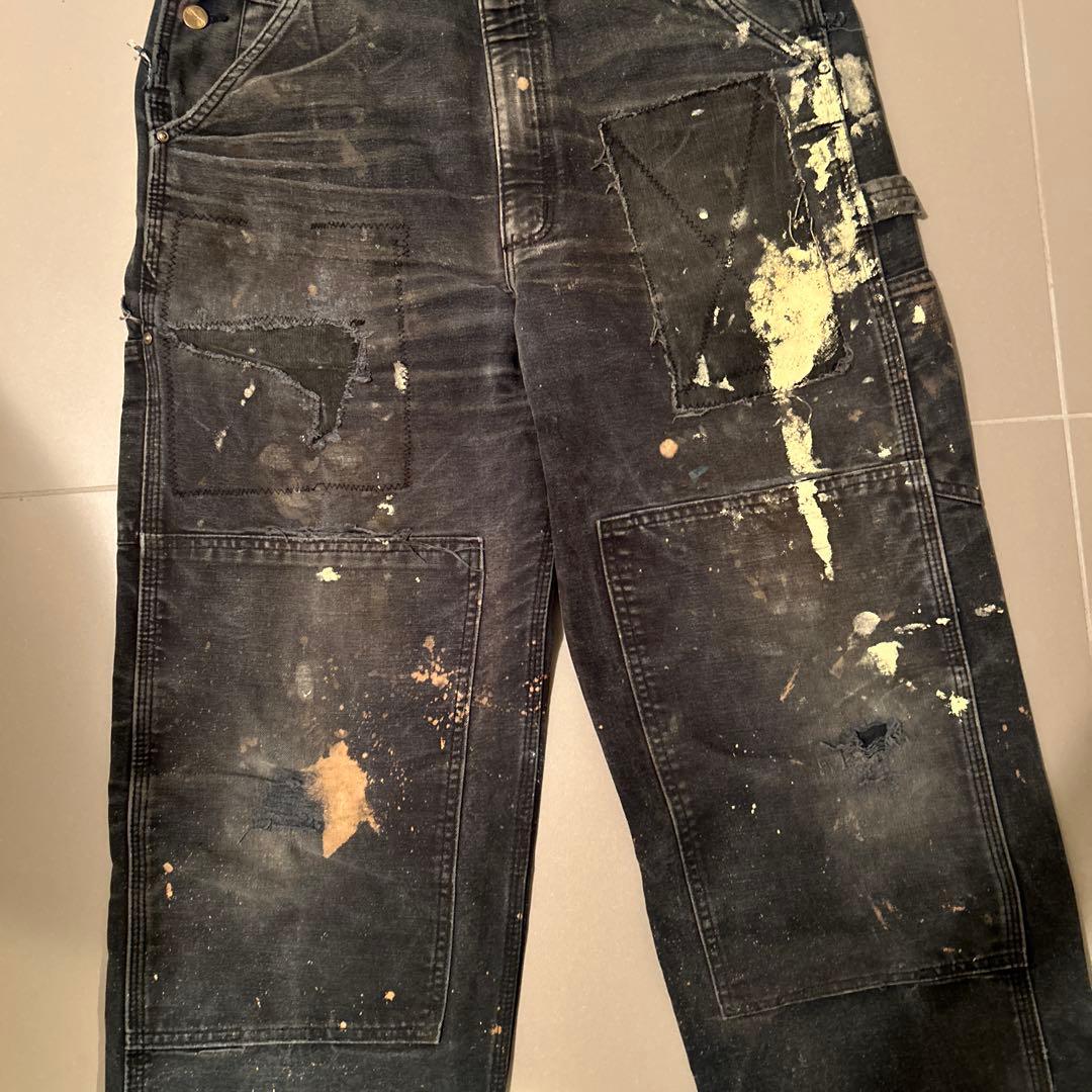 90sCarhartt ダブルニーオーバーオールblack 襤褸