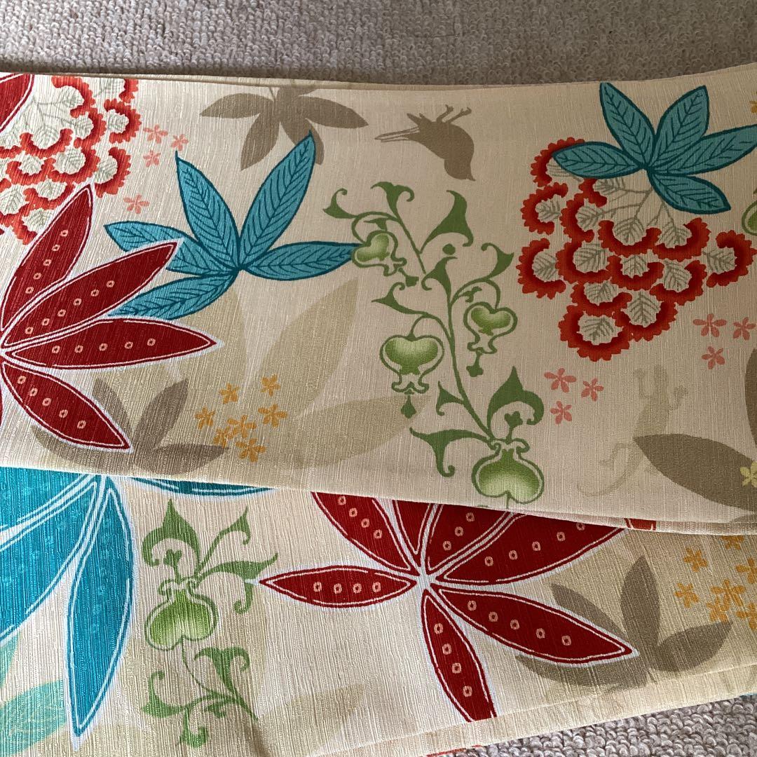 【工藤ちゃん】WAKKA 未使用半幅帯　南国の花々と鳥や蝶　正絹タグ付き