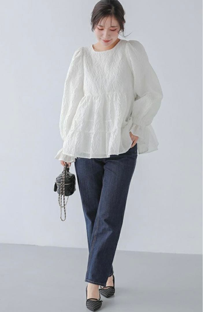 新品未使用フィットモアfitmoreタックスリーブジャガードトップス