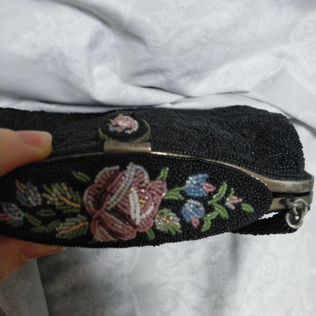 中古　レトロ　ビーズ　バック　インテリア　鏡有　ビーズ解れ有　クラッチ　タイプ