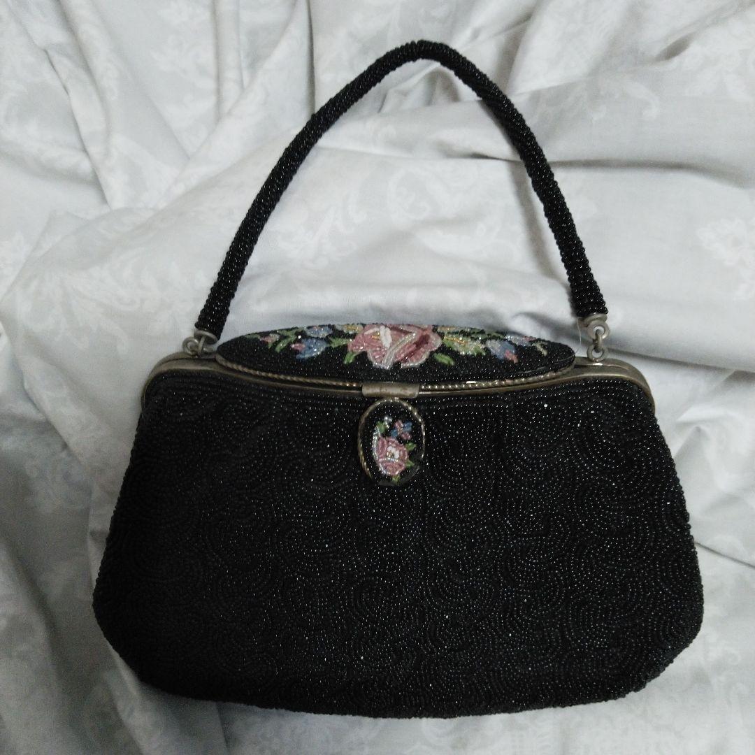 中古　レトロ　ビーズ　バック　インテリア　鏡有　ビーズ解れ有　クラッチ　タイプ