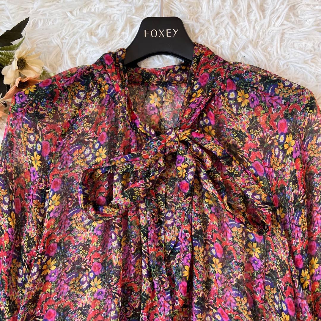 Drawer ドゥロワー フラワー プリント シルク リボン シアー ブラウス