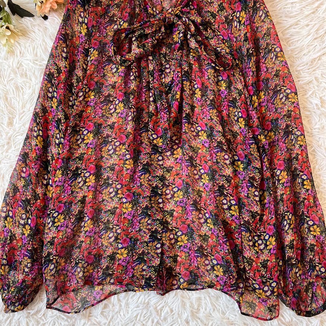 Drawer ドゥロワー フラワー プリント シルク リボン シアー ブラウス