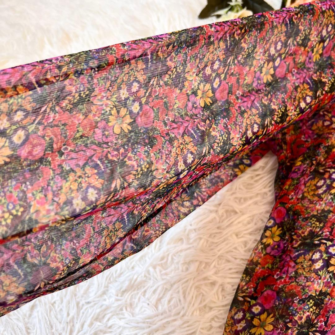 Drawer ドゥロワー フラワー プリント シルク リボン シアー ブラウス