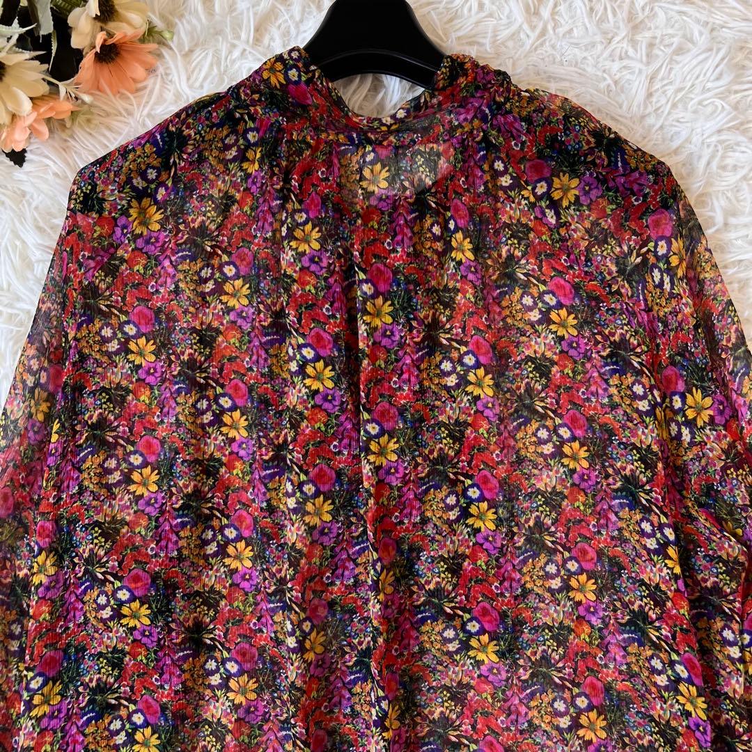 Drawer ドゥロワー フラワー プリント シルク リボン シアー ブラウス