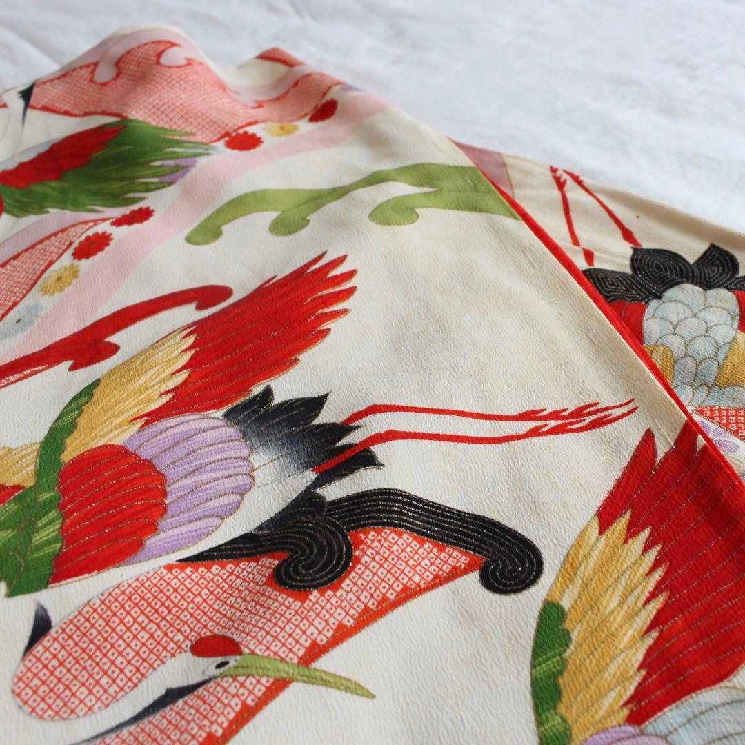 七五三 3歳 女の子 子供 アンティーク 鶴 着物 被布 セット