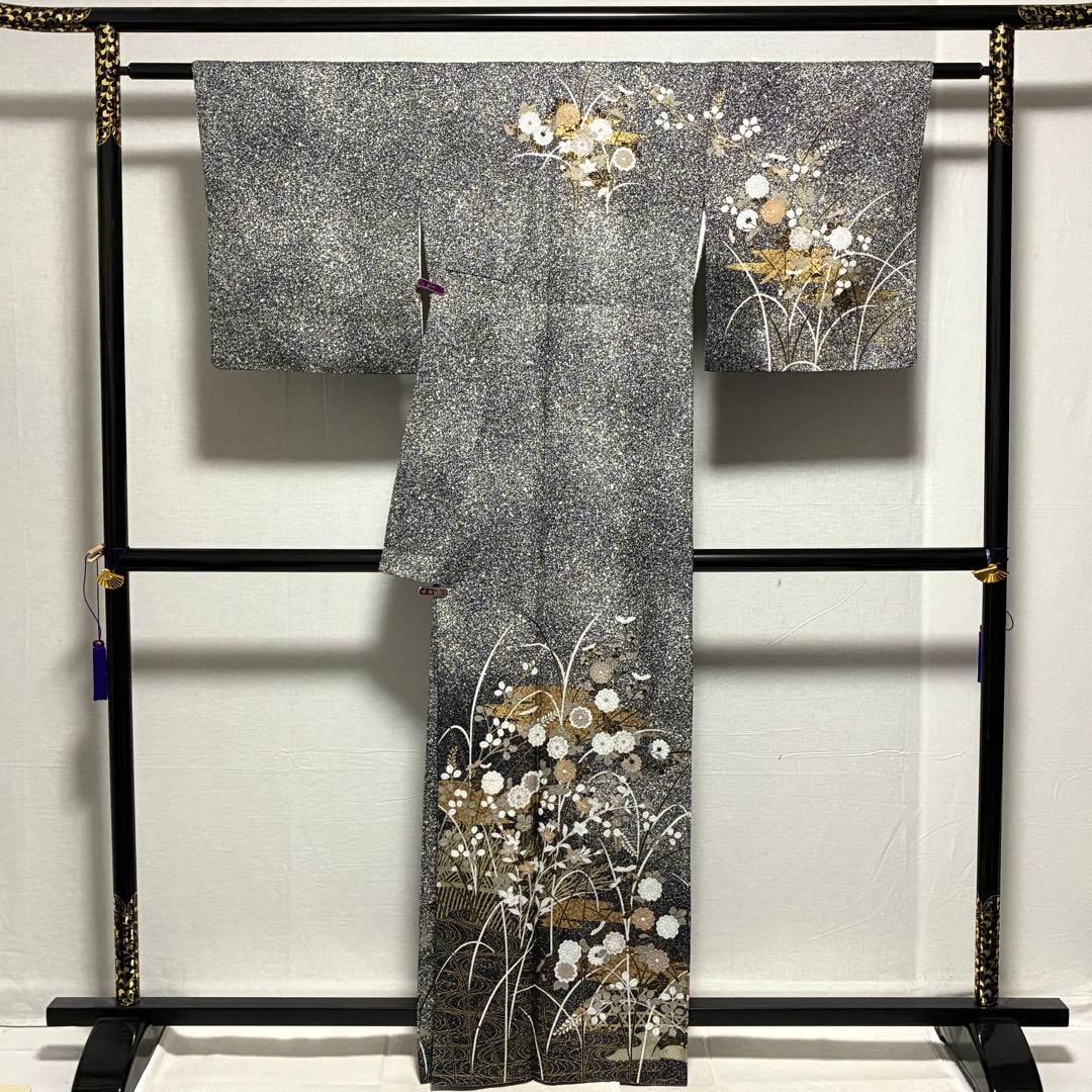 D144 訪問着　叩き染め　花模様　金彩　正絹　着物　袷　極美品