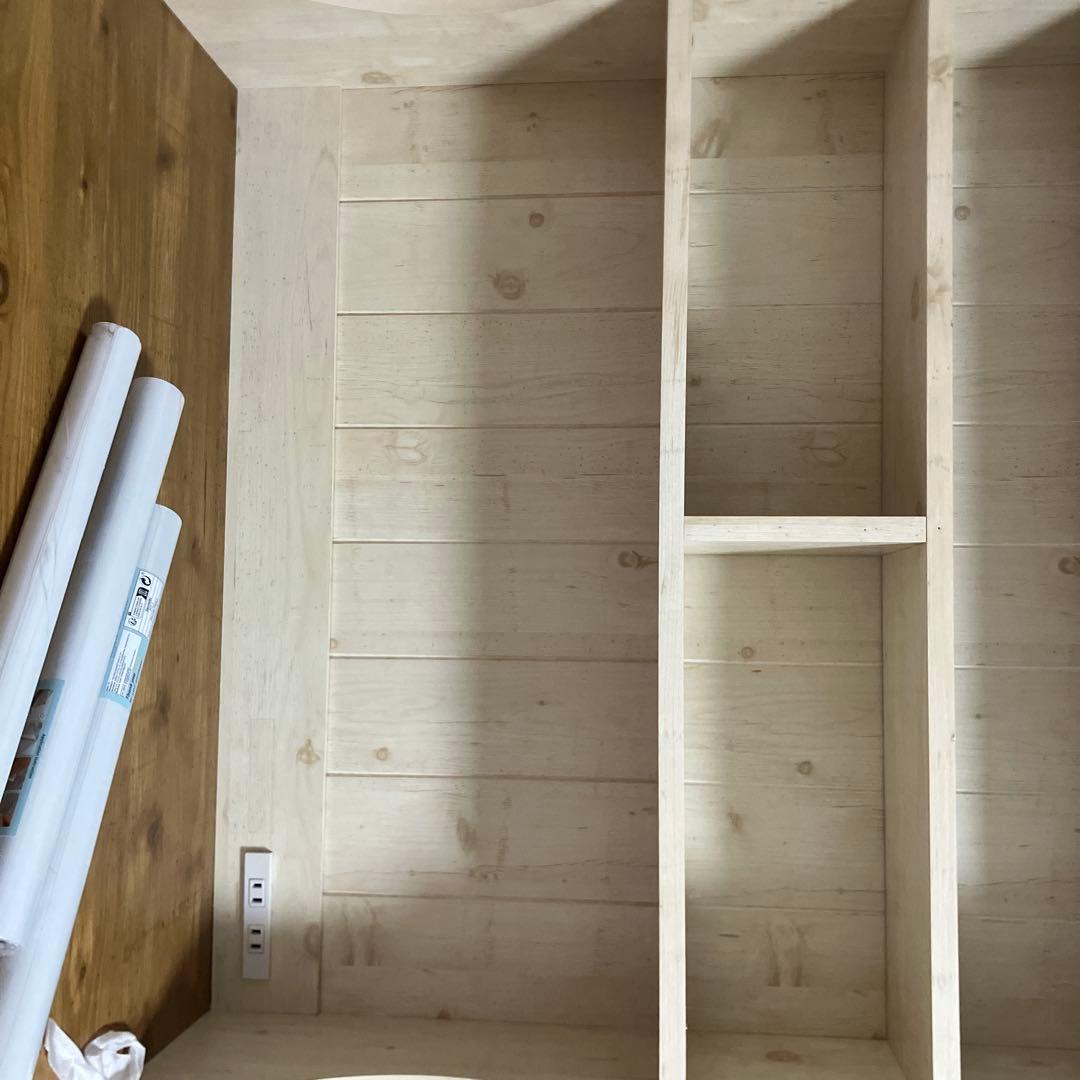 木製デスク 棚付き 2引き出し リメイクシート付き 値下げ⭕️気軽にどうぞ！