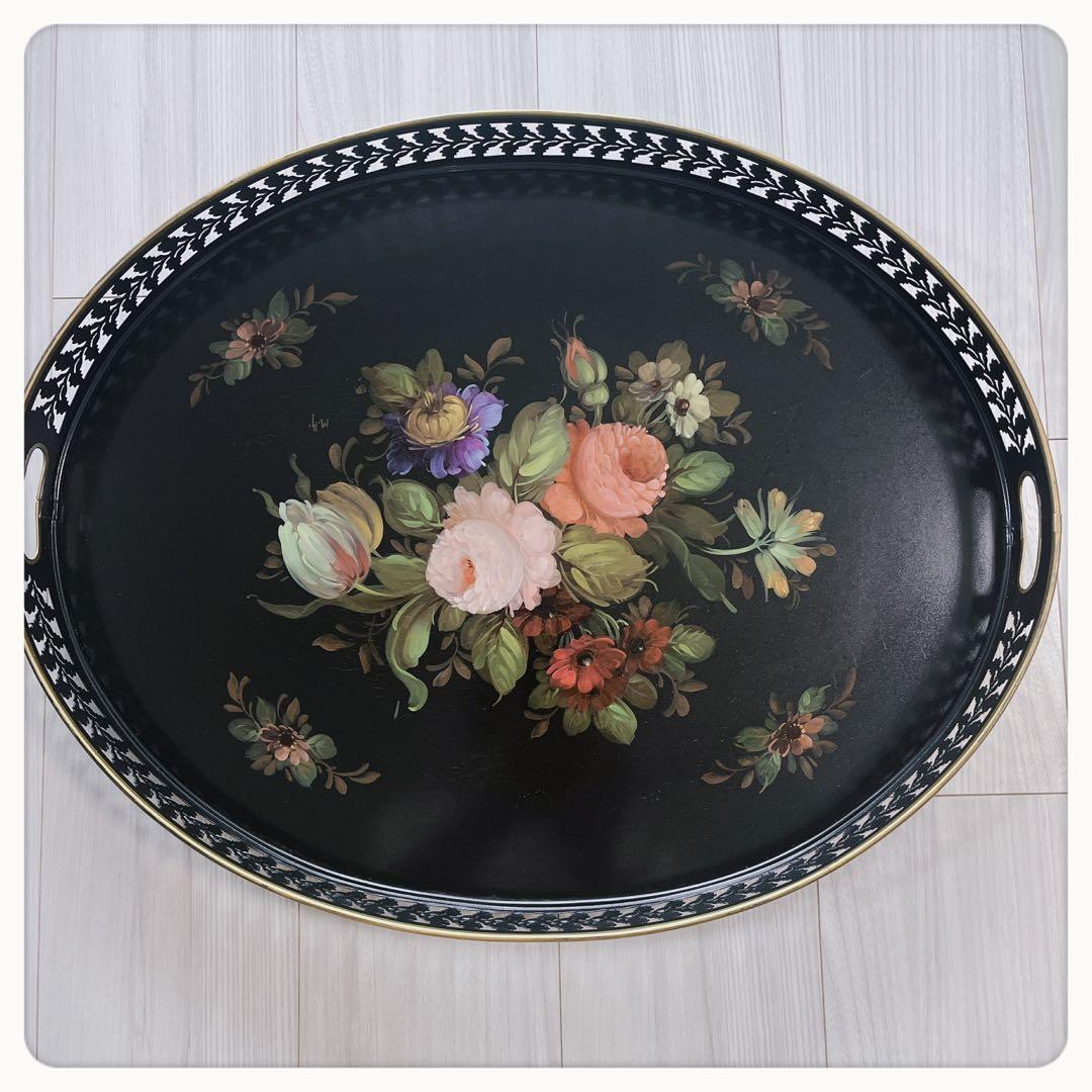 フランスヴィンテージ　薔薇ハンドペイント　OVトレイ　鋳物