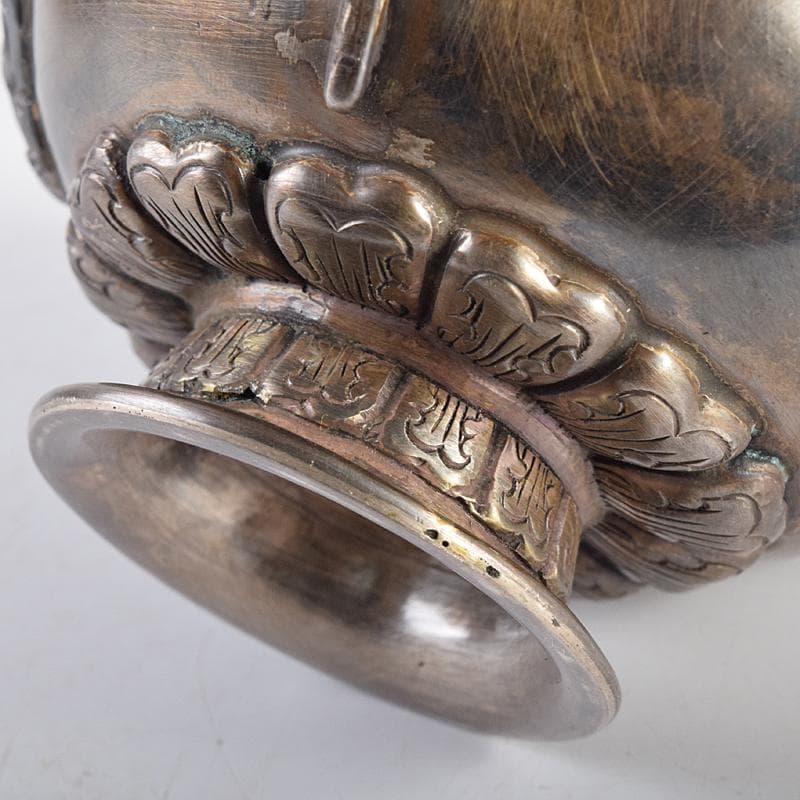 中国　白銅　神獣刻　玉石装飾　取手付杯　約167g　M　R8495