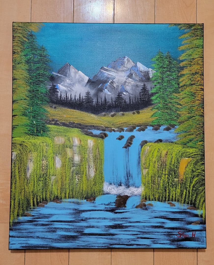 Valley waterfall 風景画  油彩画 額縁 肉筆