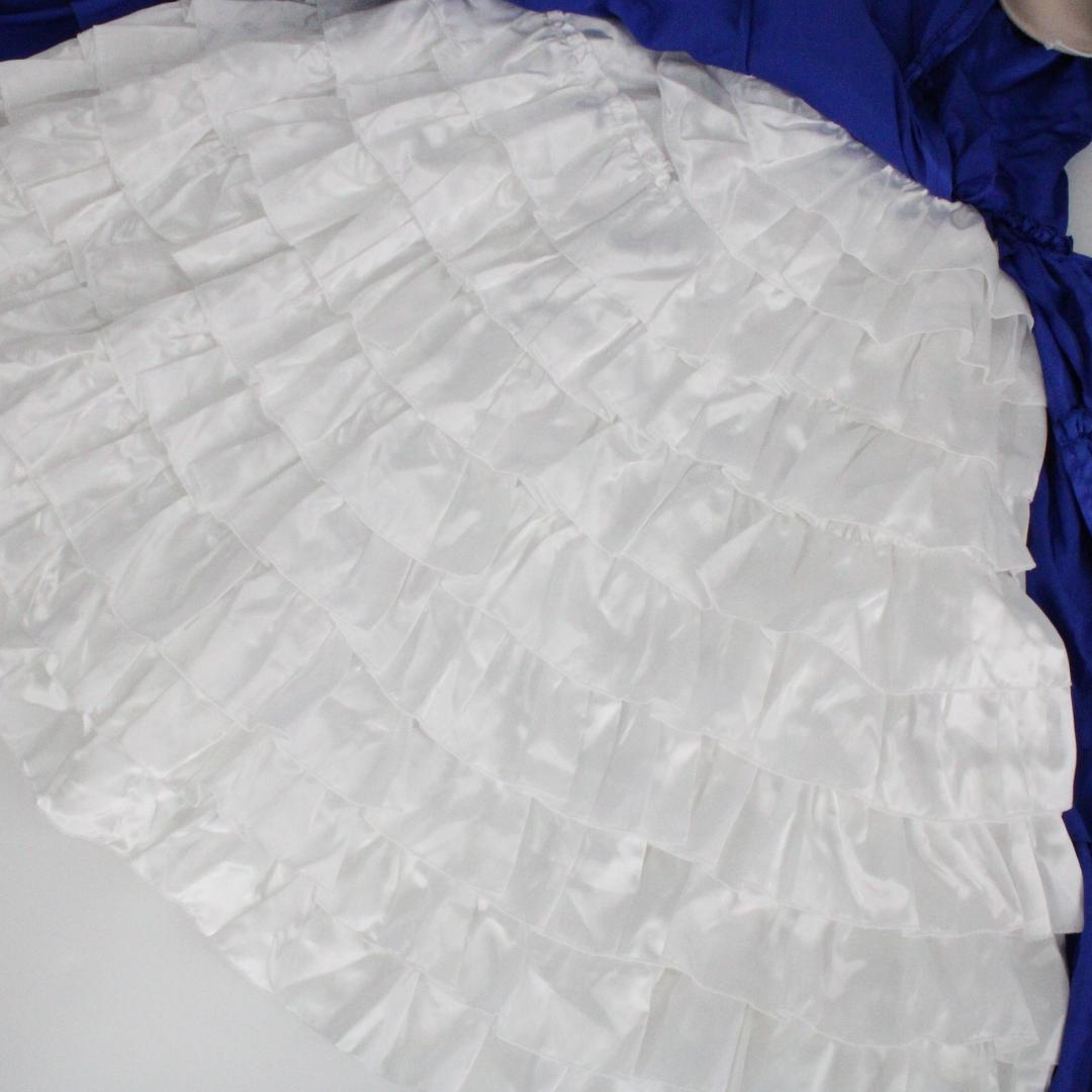 【フラメンコ衣装 ツーピースセット】光沢ブルー×光沢ホワイト　ブラウス ファルダ