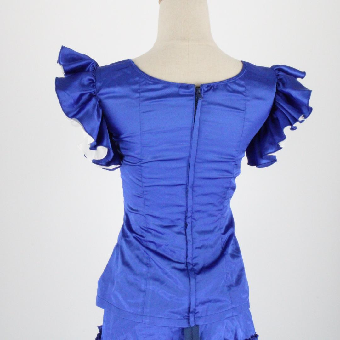 【フラメンコ衣装 ツーピースセット】光沢ブルー×光沢ホワイト　ブラウス ファルダ