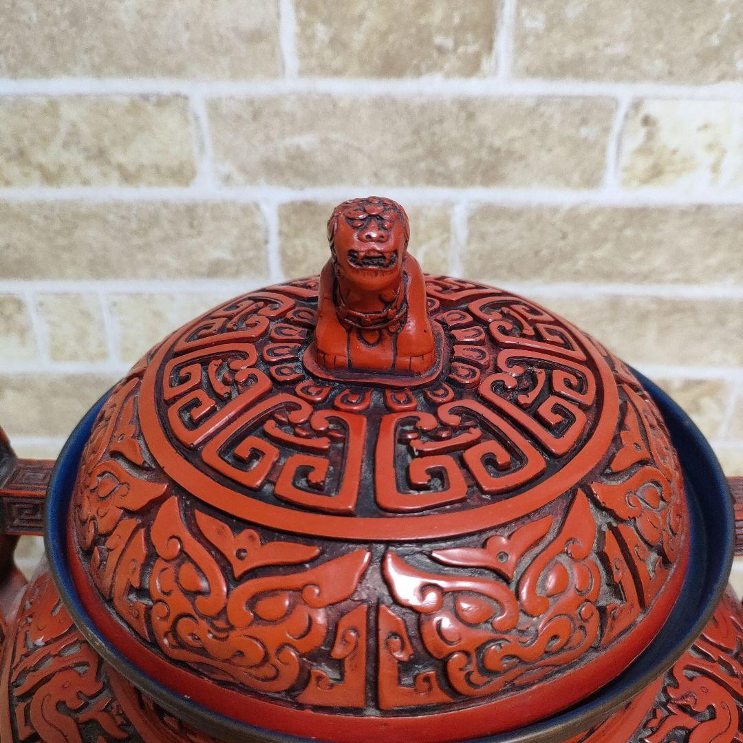 【希少】中国 堆朱 三足香炉 大香炉 香道具 獅子 細密彫刻 饕餮古獣紋32cm