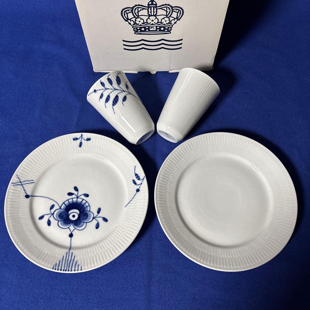 ロイヤルコペンハーゲン　ブルーフルーテッド　メガ・ホワイト　プレート&タンブラー