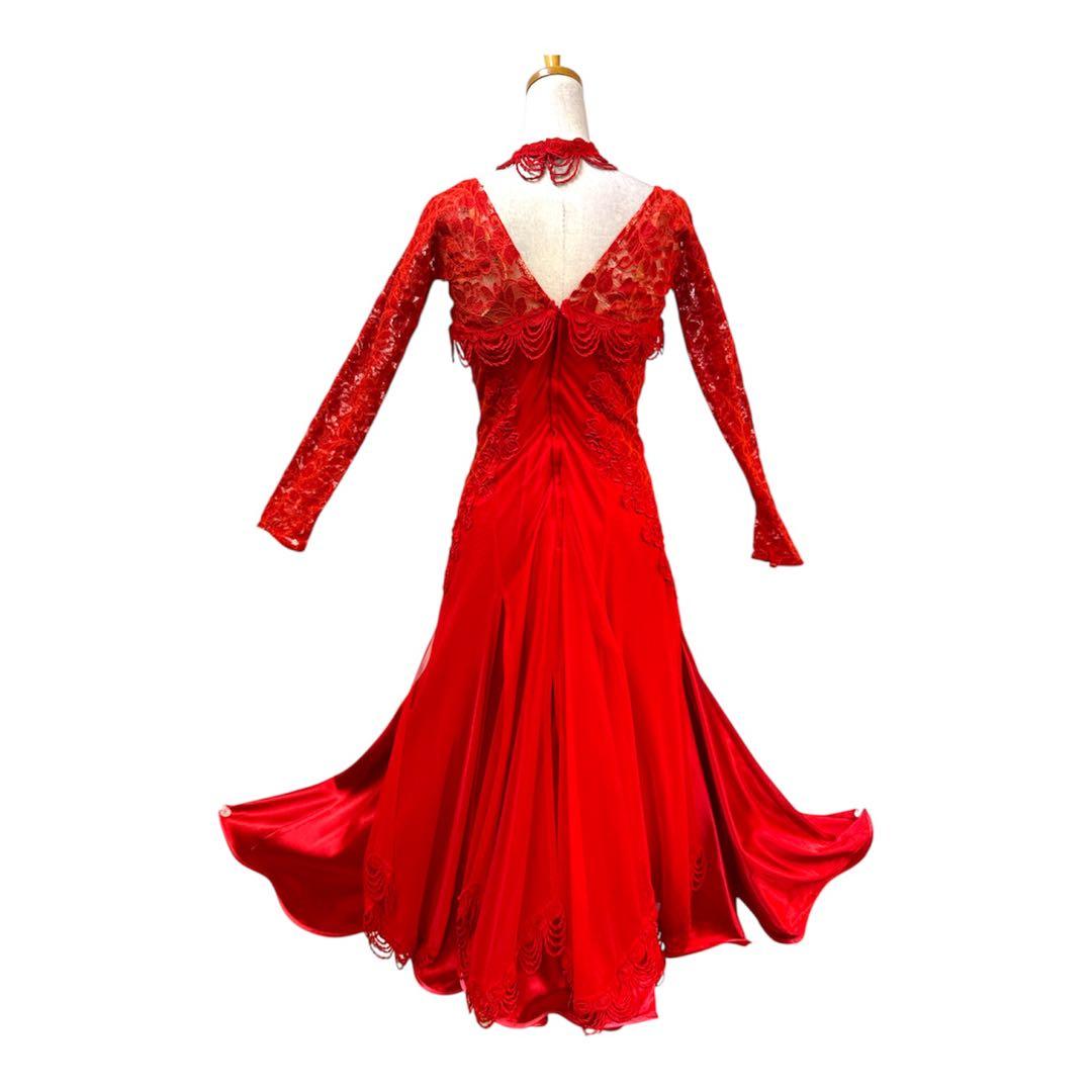 6252★セキネ★M 赤 サテン レース スタンダードドレス 社交ダンス