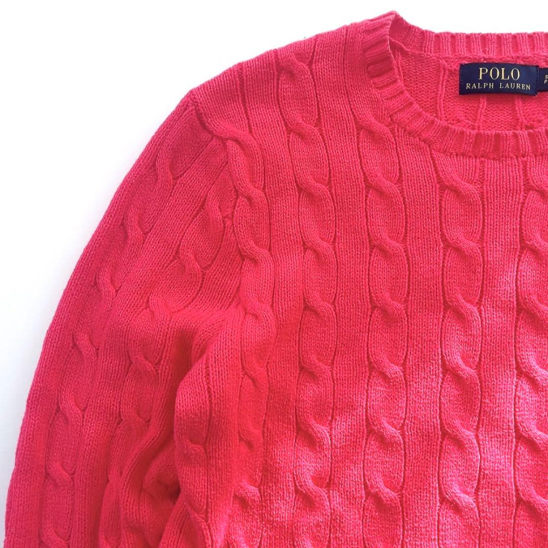 ラルフローレン ニット セーター 赤 ケーブル編み 丸首 レディースにも ロゴ
