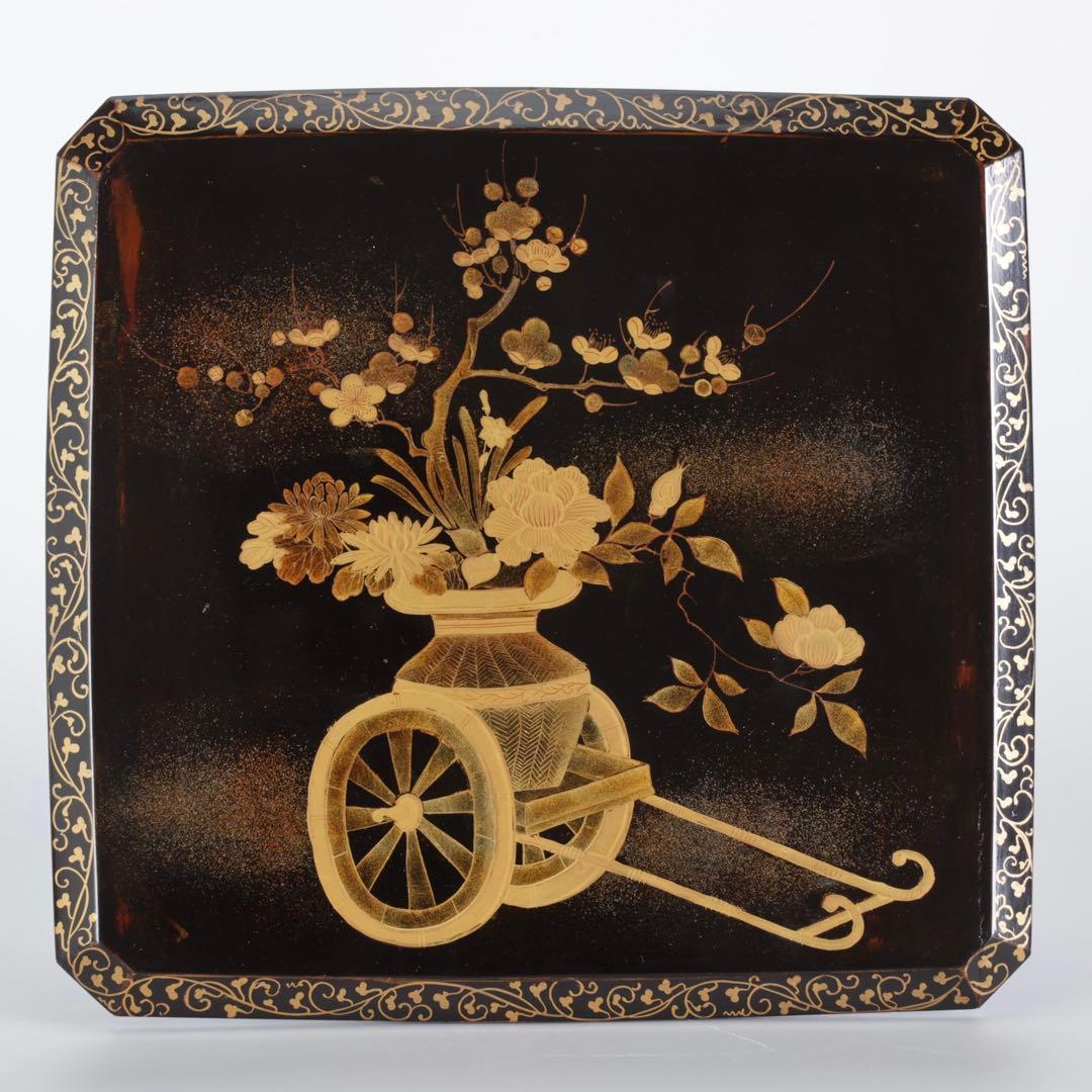 時代漆器 黒漆金蒔絵 花車文 ー段重箱 共箱付 菓子器 御節料理 古美術 骨董品