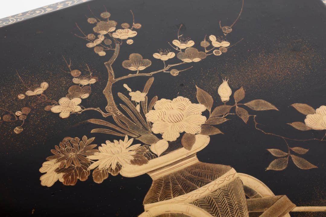 時代漆器 黒漆金蒔絵 花車文 ー段重箱 共箱付 菓子器 御節料理 古美術 骨董品