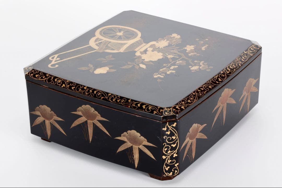 時代漆器 黒漆金蒔絵 花車文 ー段重箱 共箱付 菓子器 御節料理 古美術 骨董品