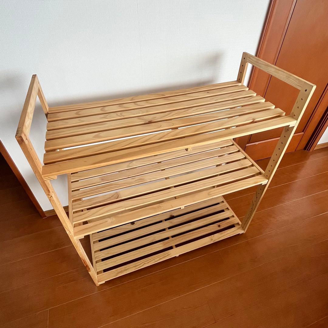 パイン材 3段すのこウッドシェルフ＋山善 折り畳みキッチンワゴン YFW-68