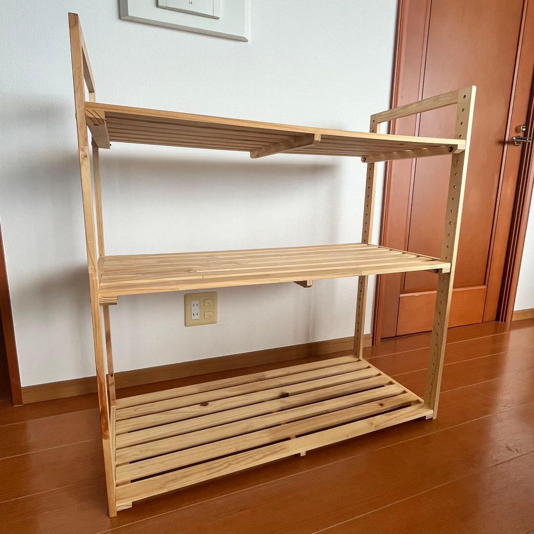 パイン材 3段すのこウッドシェルフ＋山善 折り畳みキッチンワゴン YFW-68