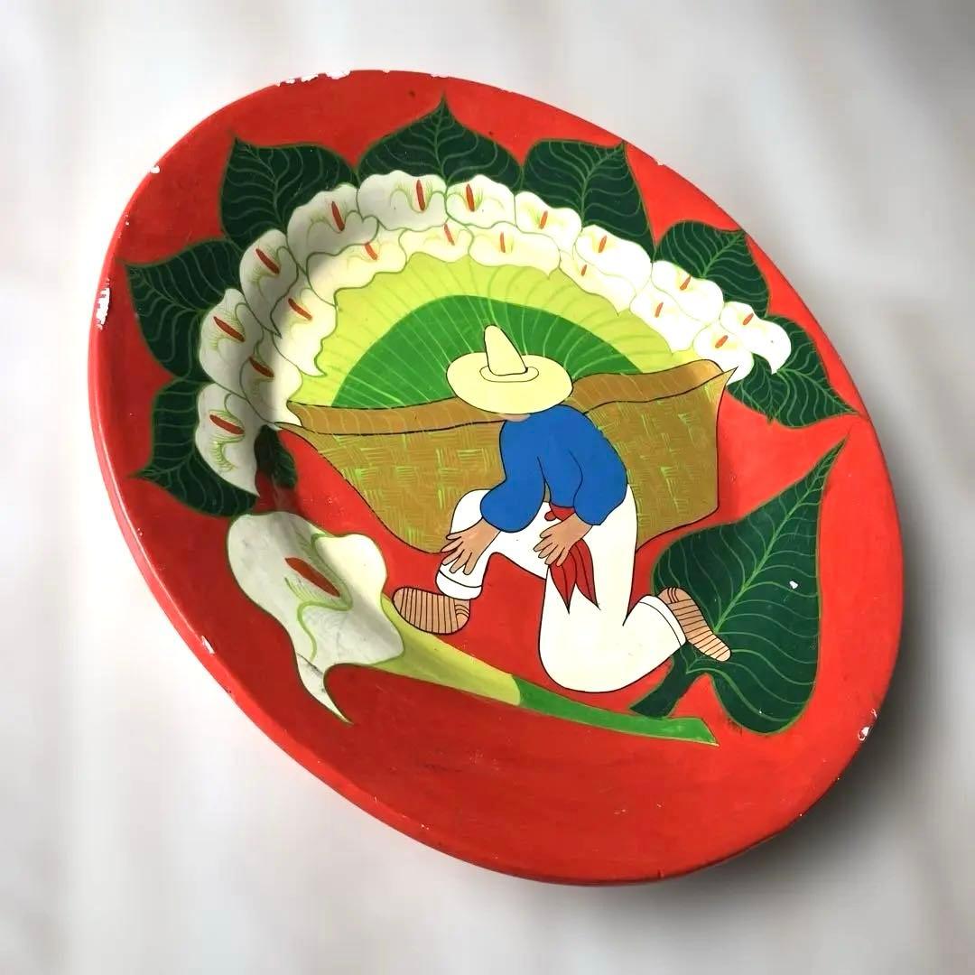 【匿名配送ヴィンテージ 】メキシコ絵皿大 植物カラーのお花イラストの赤い陶器皿