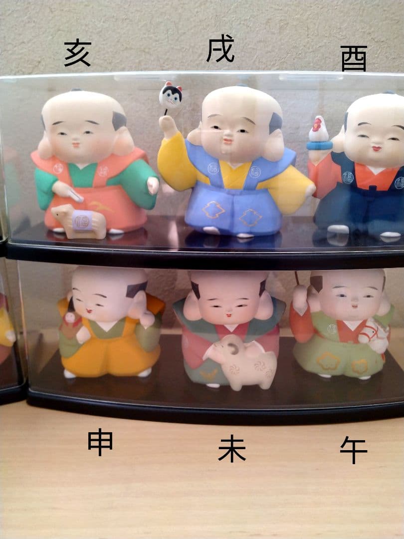 干支、縁起物福助人形十二個勢揃い、日本製陶器